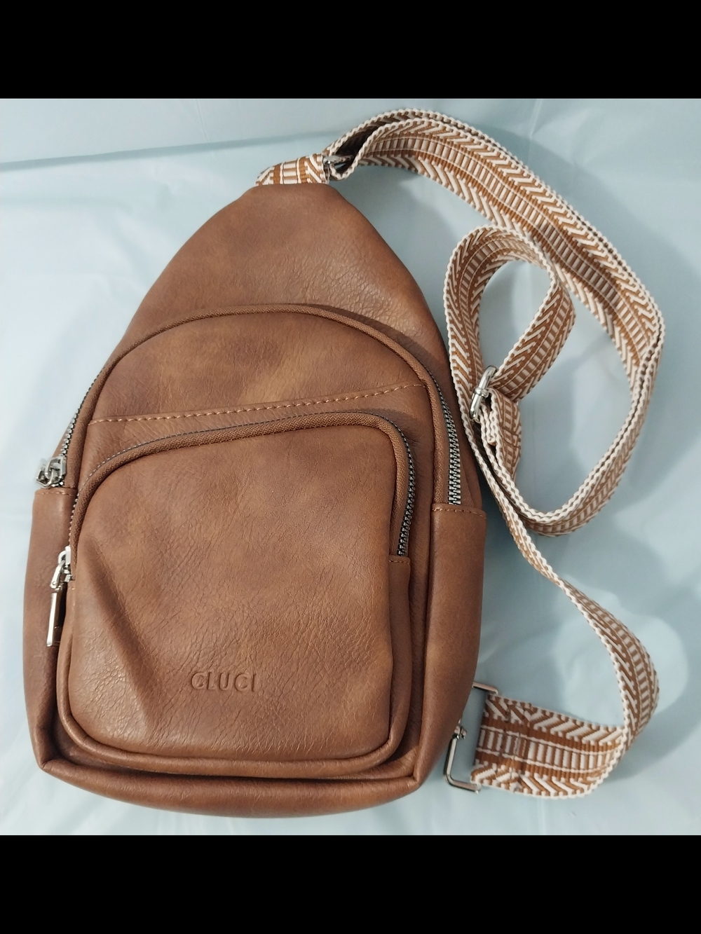 Cluci Vegan Faux Brown Leather Crossbody Sling Bag with Patterned Strap